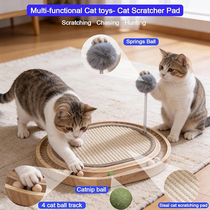Natural Sisal Cat Scratcher Pad with Wooden Cat Ball Track Toy Interactive Cat Toys for Bored Indoor Adult Cats Kitten Toys for Chasing Hunting & Physical Exercise Puzzle Cat Scratching Pads
