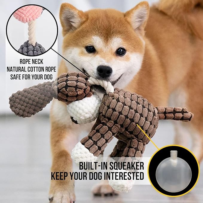 Pack 3 Squeaker Toys Rope, Cute Soft Durable Stuffed Animal Plush Dog Chew Toys, Squeak Toy for Teeth Cleaning, Small Dogs Cats Small Animal