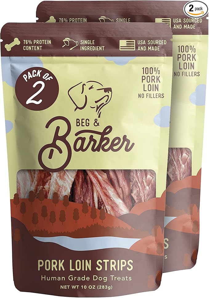 Beg & Barker Pork Jerky for Dogs (10 Ounce, Pack of 2) - Dog Training Treats - Natural Dog Treats Made in The USA - Grain Free, Diabetic-Friendly, High Protein, Sugar-Free
