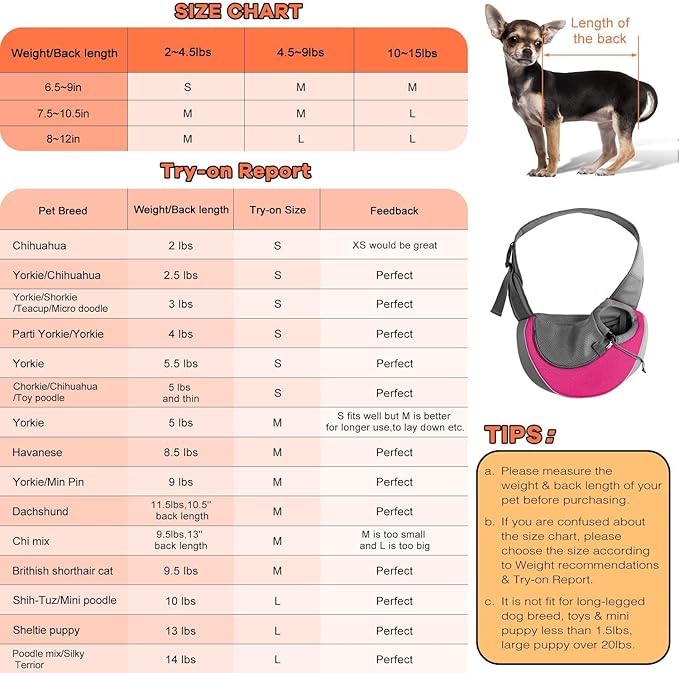 YUDODO Pet Sling Carrier for 2-5 lbs Small Dogs & Cats – Hands-Free Puppy Carrier with Safety Hook, Large Zipper Pocket, Soft Breathable Mesh, Adjustable Strap & Reflective Strip (Pink 1.0 S)