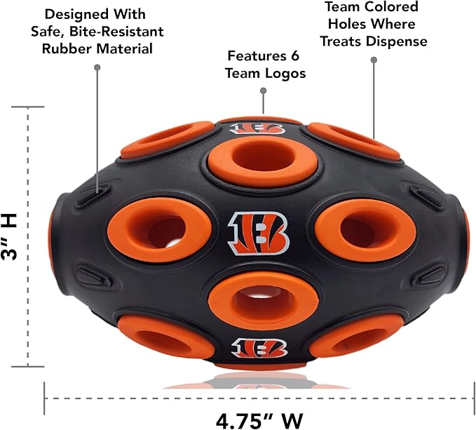NFL Cincinnati Bengals Football Treat Dispensing Toy for Dogs and Cats, Rubber Ball Dog Toy, Interactive Fun Dog Treat Toy, Natural Rubber Dog Feeding Toy