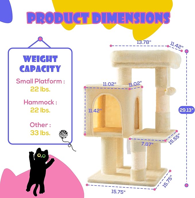 SHA CERLIN 29in Cat Tree for Indoor Cats, Multi-Level Cat Tower with Large Perch, Cozy Condo, Playful Toy Balls, Sisal Scratching Posts, Stable Pet Furniture Activity Center, Space-Saving, Beige
