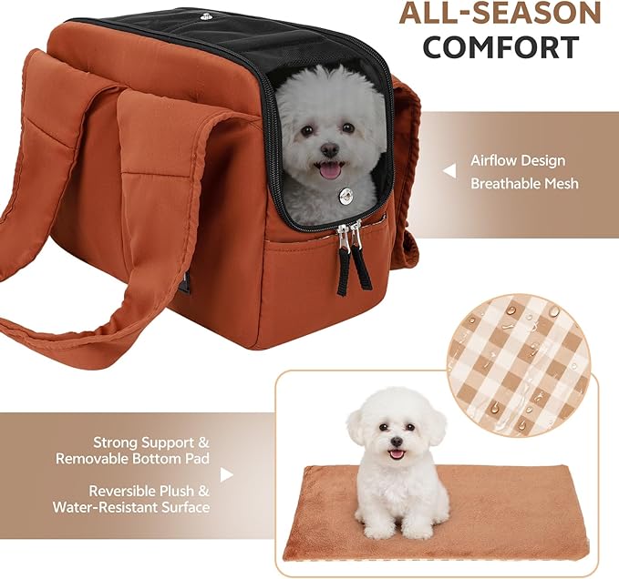 Dog Purse Carrier for Small Dogs and Cats, Soft-Sided Pet Tote Bag with 6 Large Pockets, Collapsible Travel Puppy Carrier, Fits Pets up to 16 lbs (Caramel, 17.5" L x 8" W x 12" H)