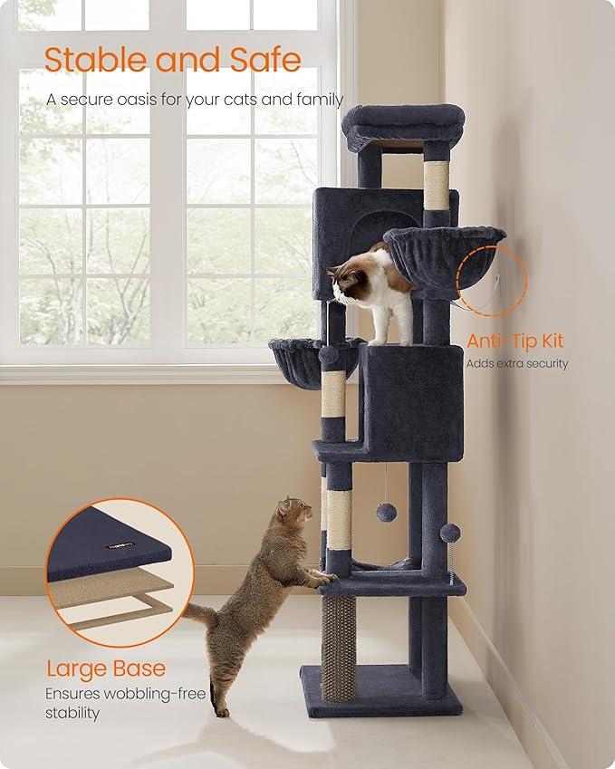 Feandrea Cat Tree, 69-Inch Tall Cat Tower, Multi-Level Plush Condo with 2 Caves, 2 Baskets, 5 Scratching Posts, Self-Groomer, Perch, Hammock, Dark Gray UPCT182G02