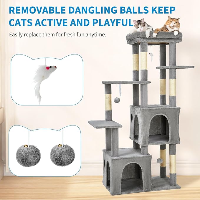 GarveeLife 61" Multi-Level Cat Tree for Indoor Cats, Heavy-Duty Tower for Large Adult & Maine Coon Cats with Oversized Perch, Dual Condos, Natural Sisal Scratching Posts & Play Toys – Light Gray