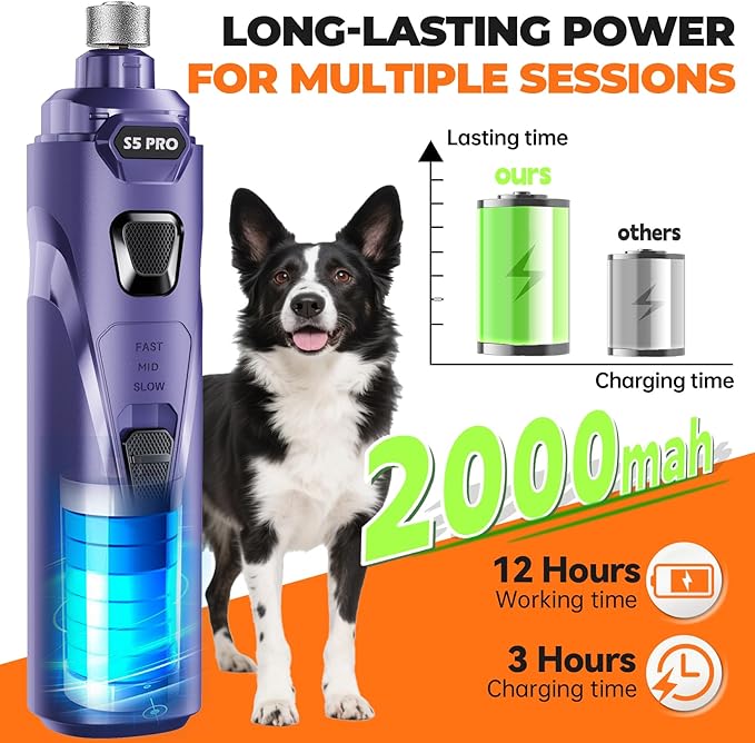 Whisper Quiet Dog Nail Grinder with 4 LED Lights, Safe & Stress-Free for Sensitive Dogs Cats of All Breeds & Sizes, 3 Grinding Bits, 3-Speed, Pet Nail Trimmers, Rechargeable Painless Grooming Kit Blue