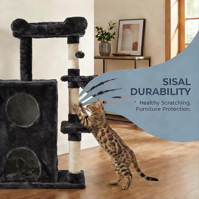 Fansafurn Cat Tree Tower for Indoor Cats, 36-inch Adult Cat Tree House for Large Adult Cats with Steps, Scratching Post, 2 Cat Condo, Dangling Toys, Dark Grey