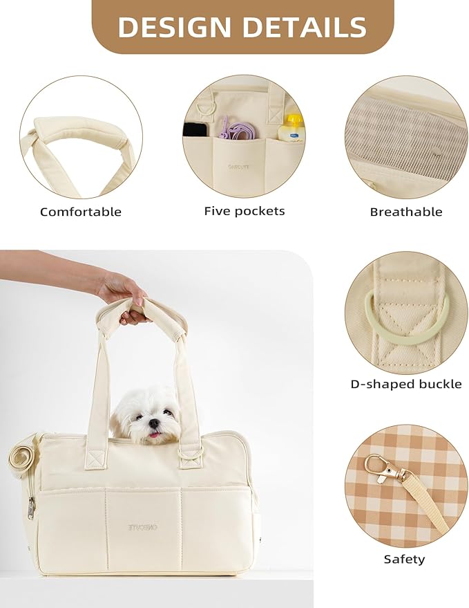 ONECUTE Dog Purse Carrier for Small Dogs Rabbit cat with Large Pockets, Cotton Bag, Dog Carrier Soft Sided, Collapsible Travel Puppy Carrier (Beige, 13.6" L x 6.5" W x 10" H)