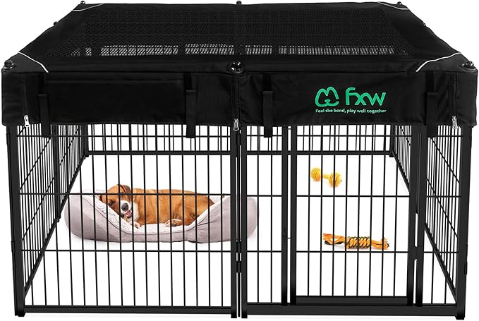FXW Homeplus Indoor Dog Playpen with Square Mesh Top Cover for Escape Prevention, 32 Inch 8 Panel Heavy Duty Pen for Small and Medium Dogs, Black│Patented