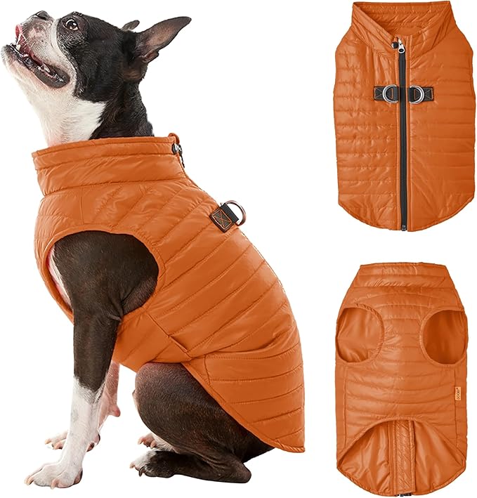 Gooby Puffer Vest - Pumpkin, X-Small - Ultra Thin Zip Up Windbreaker with Dual D Ring Leash - Water Resistant Dog Sweater Coat for Small Dogs