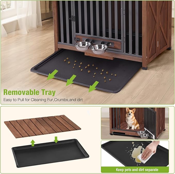 GUTINNEEN Dog Crate Furniture Foldable Dog Kennel for Small Medium Dogs Large Solid Wood Dog House with Bowl Heavy Duty Dog Cage End Table (Dark Brown)