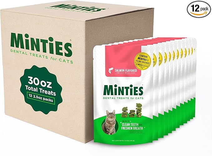 Minties Dental Treats for Cats, Salmon Flavored Treats for Cats, Freshens Breath and Controls Tartar, 30oz (12 2.5oz Bags)