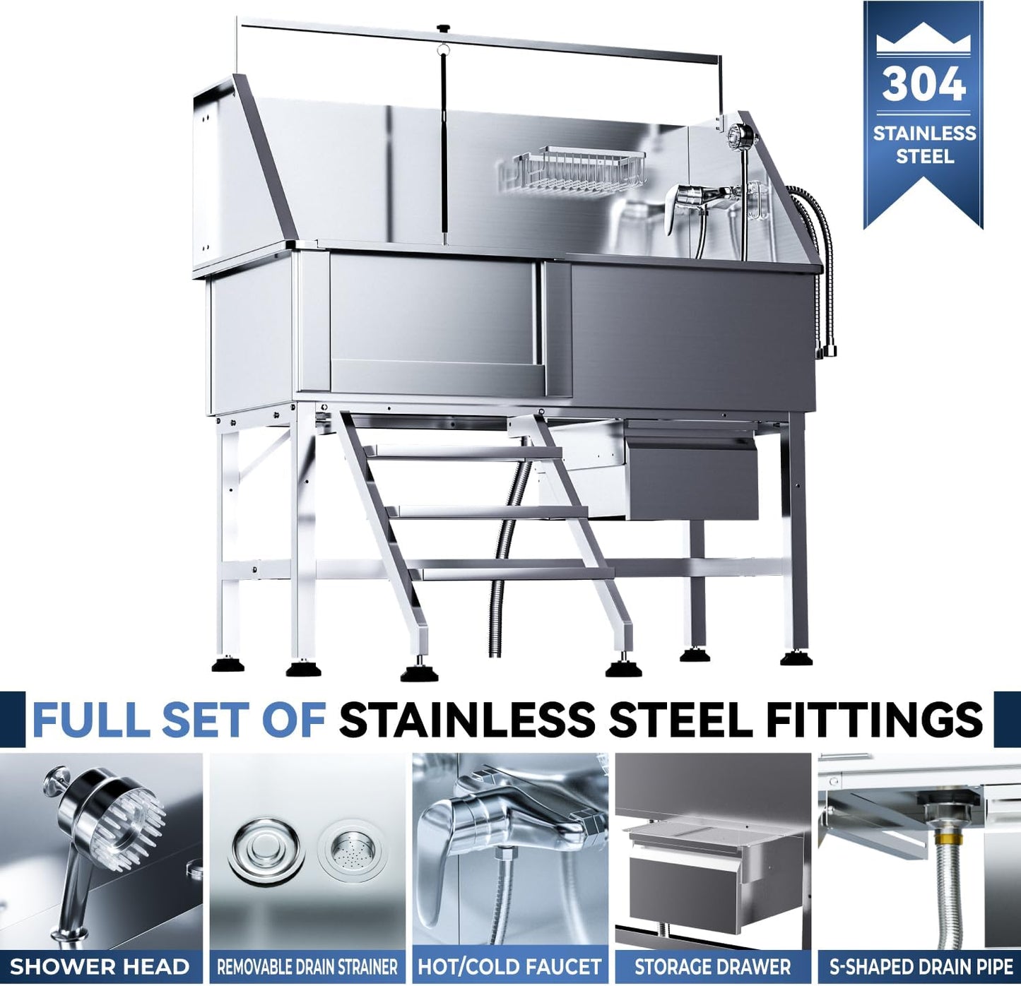 Professional 46" Dog Washing Station, Stainless Steel Dog Bathing Station, Height Adjustable Dog Wash Station, Storage Drawer, Upgrade Parts, Home, Commercial (Left Step)