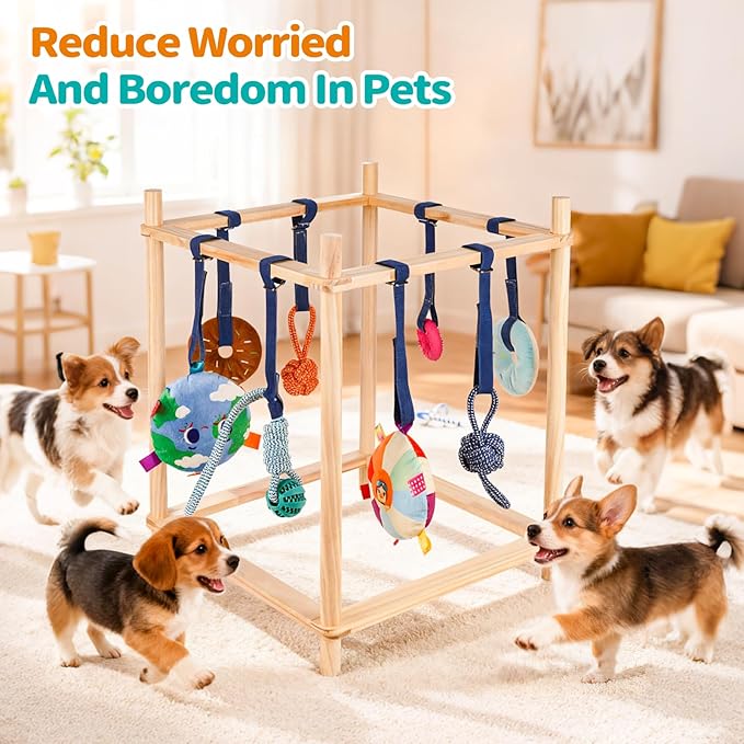 Wooden Puppy Play Gym for Small Dogs, Puppy Jungle Gym with 8 Hanging Toys, Wood Frame Indoor Puppy Gym with Dog Enrichment Toys for Puppies and Small Pets