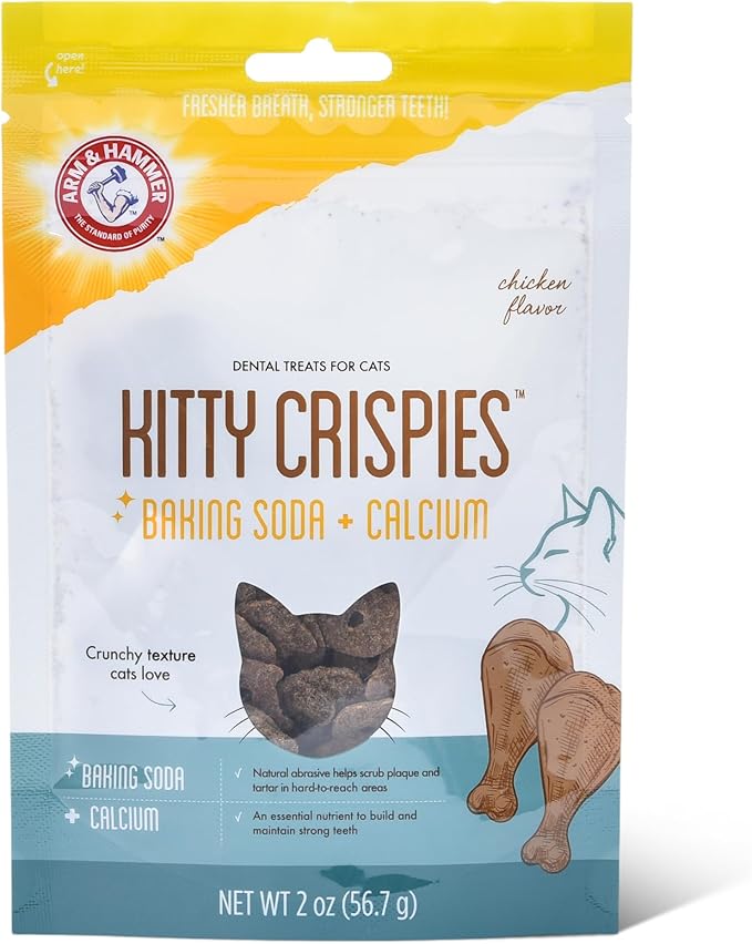 Arm & Hammer Kitty Crispies Dental Cat Treats, Baking Soda & Calcium Formula, Fights Bad Breath, Plaque & Tartar Without Brushing, Highly Digestible, Chicken Flavor, Adult Cats, 2 Oz