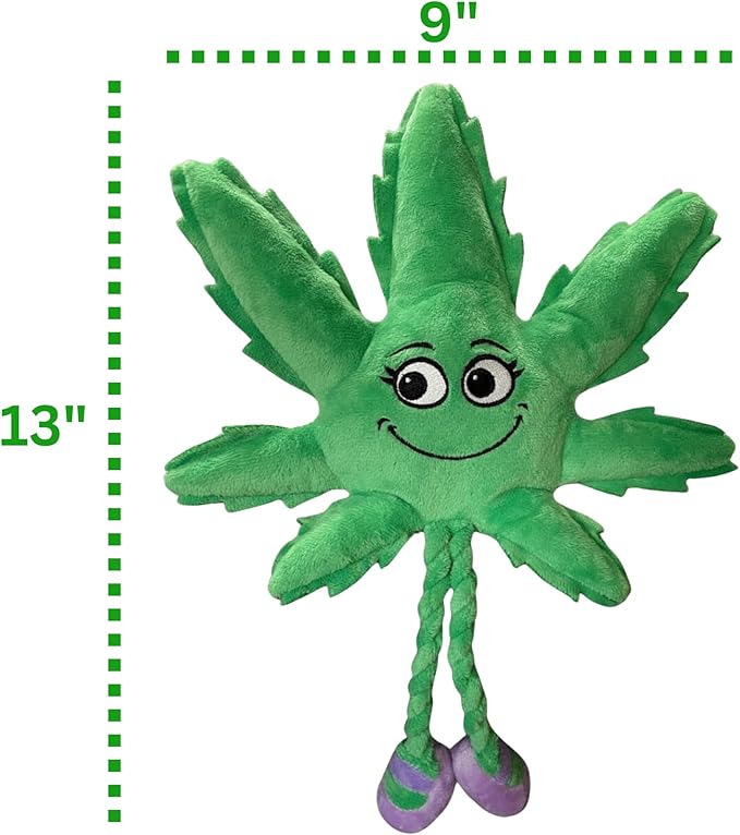 My Name is Mary Jane, Cute Stuffed Parody Marijuana Leaf Dog Toy, Funny Squeaky Weed Toy, Cool Plush Novelty 420 Gift for Puppies & Small, Medium & Large Breeds, For Fetch & a Photo Prop, Shelf-Sitter