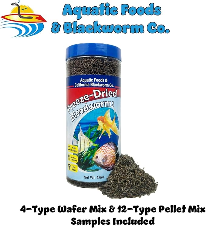 Bloodworms, Grade A Freeze Dried Floating Bloodworms for Cichlids, Discus, Goldfish, Bettas, Angel Fish, Marine Fish, 12-Type Pellet Mix & 4-Type Wafer Mix Included..4.6oz Canister