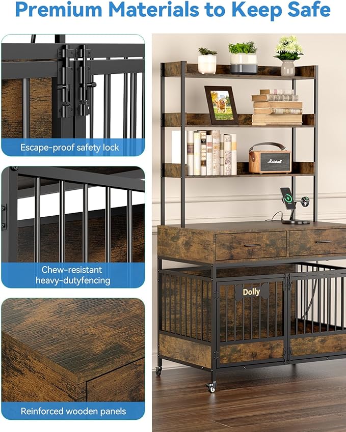 Petrova 40" Dog Crate Furniture with LED Light & 2 Storage Drawers, Heavy Duty Indoor Dog Kennel for Medium/Small Dogs, Wooden Dog Cage with Power Outlets, Charging Station, Lockable Wheels, Brown