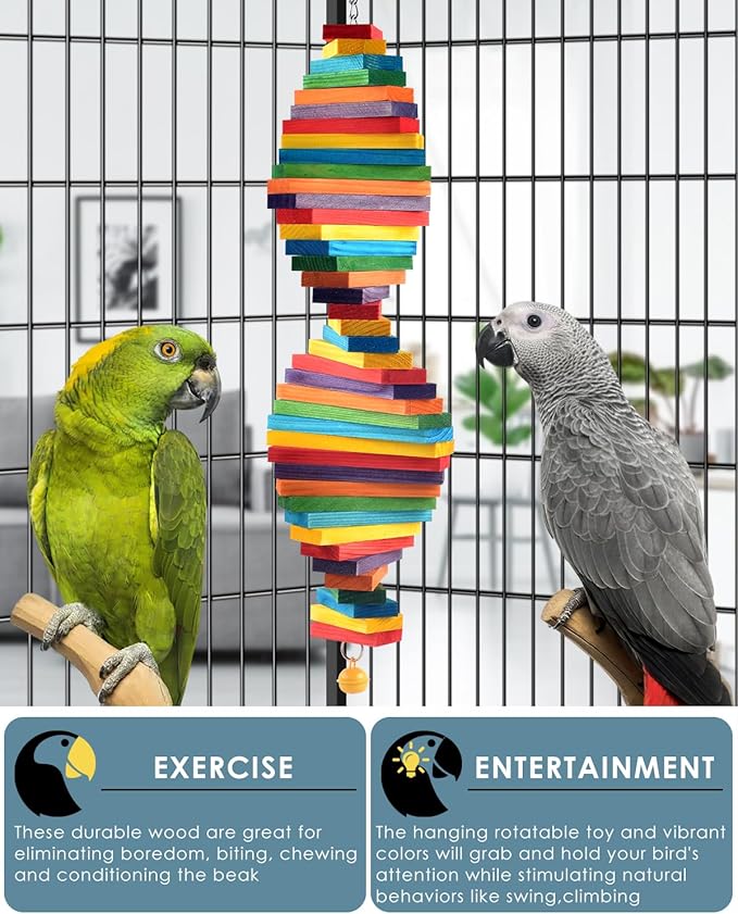 Bissap Bird Chew Toys, Multicolored Bagel Cascade Medium Large Bird Parrot Chewing Sticks Biting Wooden Blocks Toy for Big Senegal Amazon Cockatoos Macaws African Grey and Similar Sized Pet Birds