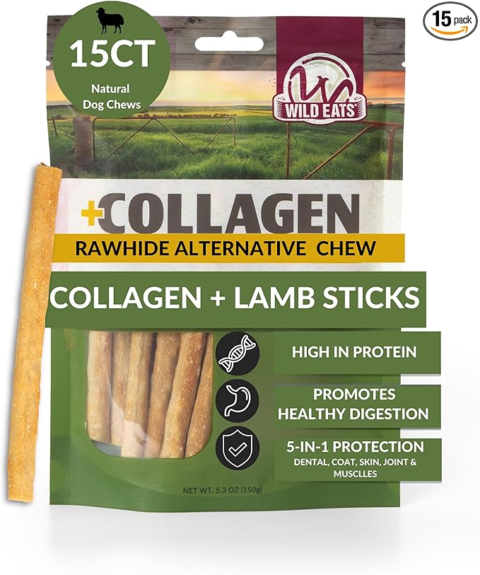 Wild Eats Lamb Collagen Sticks for Dogs (15 Pack, 1 cm Wide) Long Lasting Dog Chews No Hide Dog Treat Bully Stick Alternative, Rawhide Free, Grain Free, High Protein