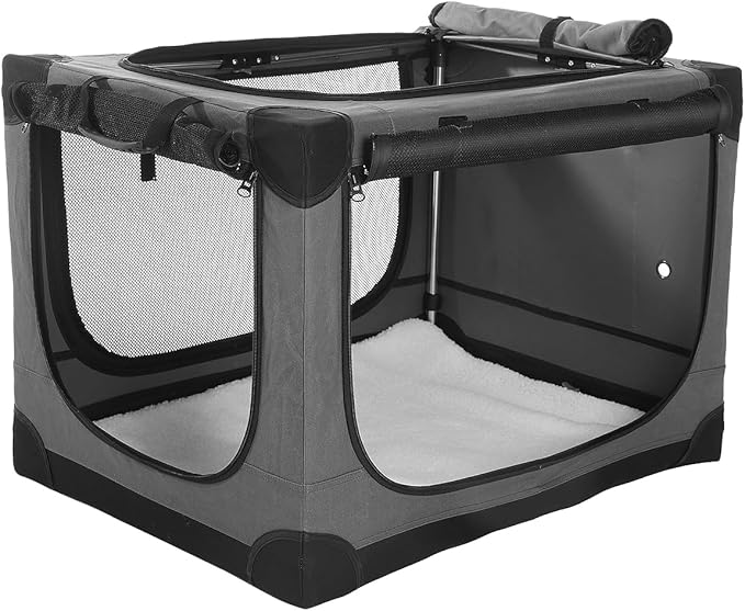 42 x 31 x 31 Inch Collapsible Soft Dog Crate for Dogs Up to 90 lbs, Portable Travel Pet Kennel with 4 Zip Doors, Foldable Indoor Outdoor Crate with Mat, Carry Bag, Grey