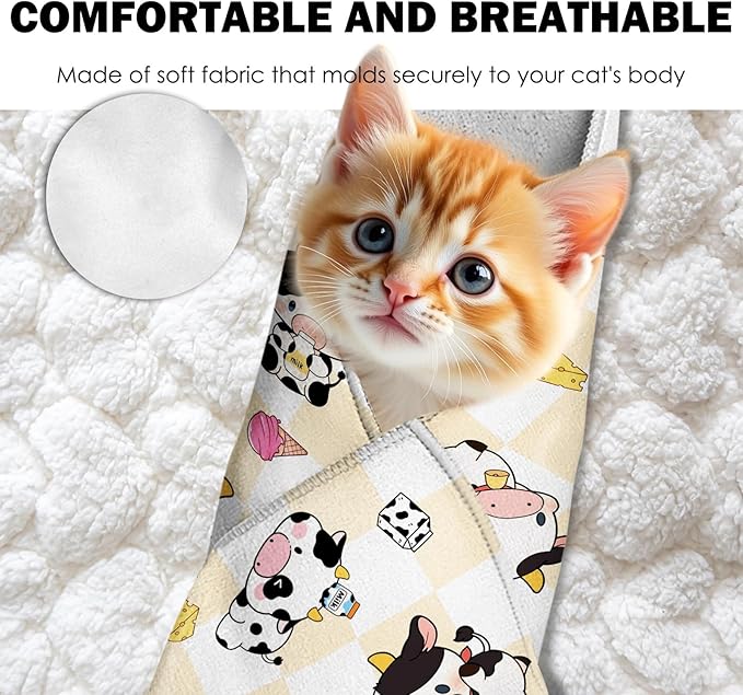 27.6"Cat Grooming Wrap, Self Adhesive Cat Wrap for Cutting Nails, Anti-Escape Calming Cat Swaddle Wrap for Medicine Ear Cleaning, Cow Anti-Scratch Cats Burrito Restraint Blanket, Pet Tool (6-10 lbs)