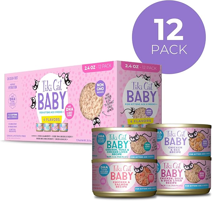 Tiki Cat Baby Wet Cat Food for Kittens, Shreds Variety Pack 2.4 oz. Cans (12 Count)