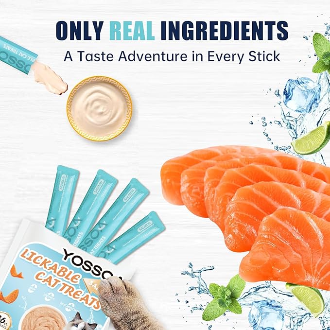 36 Pack Lickable Cat Treats, Grain Free Chicken & Salmon Treat, Squeeze Wet Cat Treats with Taurine, Fish Oil & Vitamins, Healthy Skin & Coat Support for Cats and Dog(Salmon & Chicken Flavors)