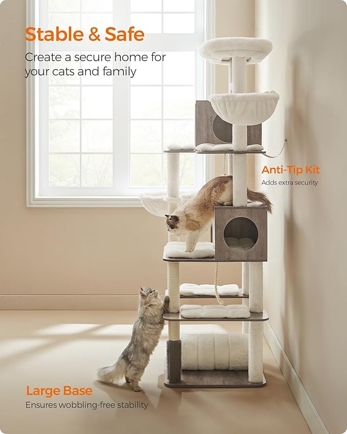 Feandrea Cat Tree, 75.6-Inch Modern Cat Tower, Tall Multi-Level Condo with 2 Caves, 2 Hammocks, 4 Scratching Posts, Self-Groomer, Tunnel, Perch, Heather Greige UPCT193G01