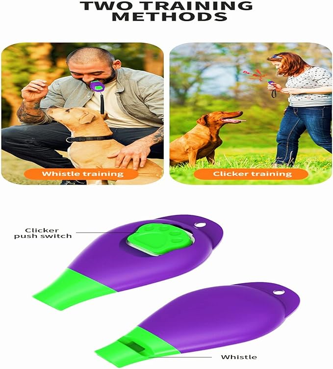 Perwin Dog Training Clicker with Whistle and Wrist Strap - Positive Behavior Reinforcer for Pets - All Ages, Puppy and Adult Dogs - Use to Reward and Train - Dog Whistle Included (Purple)