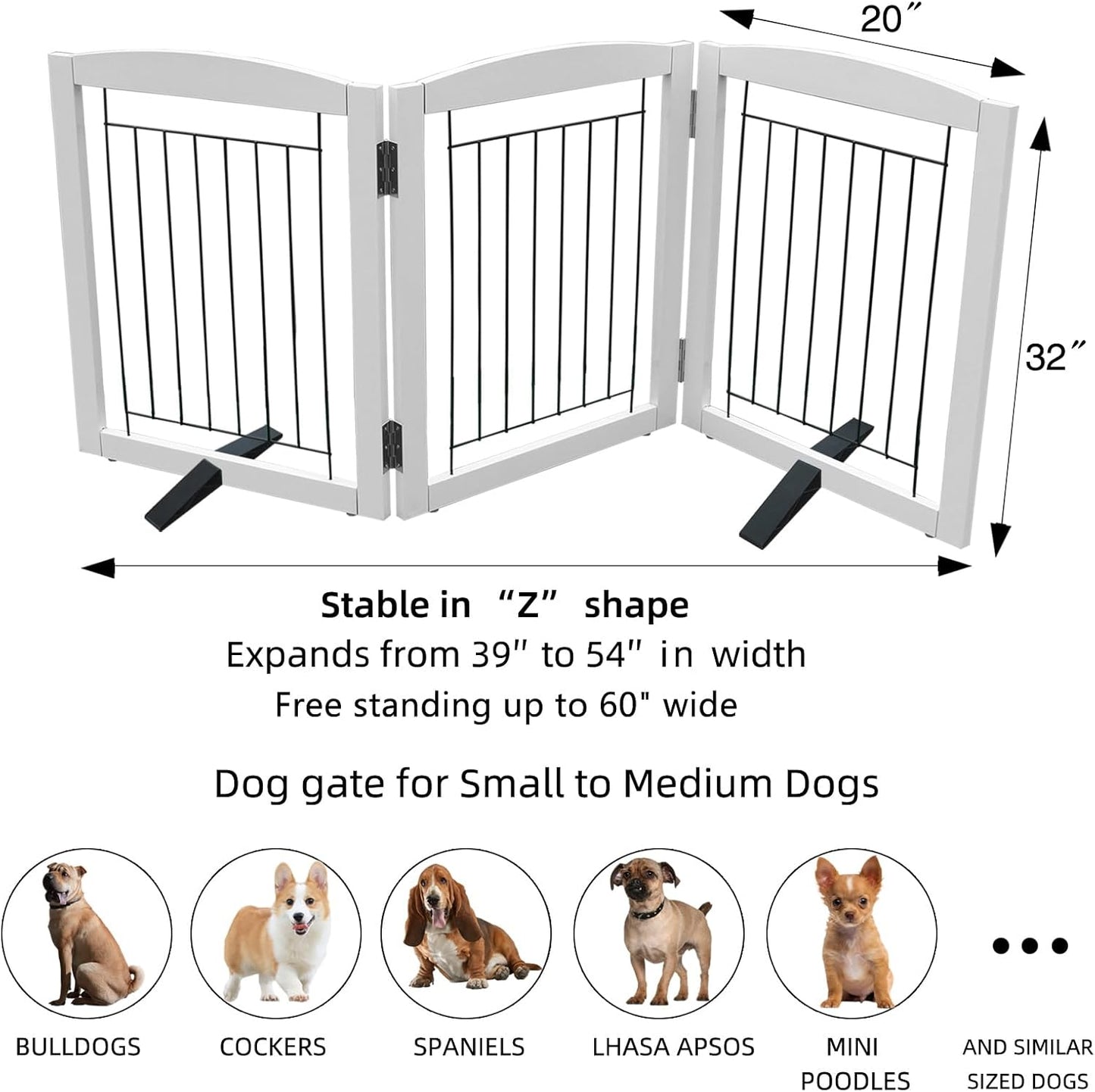 ZJSF Freestanding Dog Fence Indoor, Foldable Dog Gate for Doorways, Stairs or Hallways, Sturdy Wood Extra Wide Pet Gate with Support Feet for The House, White, 32 "Height-3 Panels