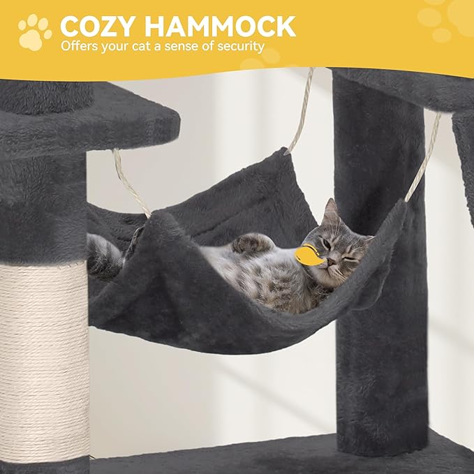 DWVO 75-inch Indoor Cat Tree Tower, Multi-Level Pet Playground, Cat Furniture with Scratch Posts, Hideaway Condos, Soft Perch, Snug Hammock, Climbing Ladder, and Plush Balls for Kittens (Dark Gray)
