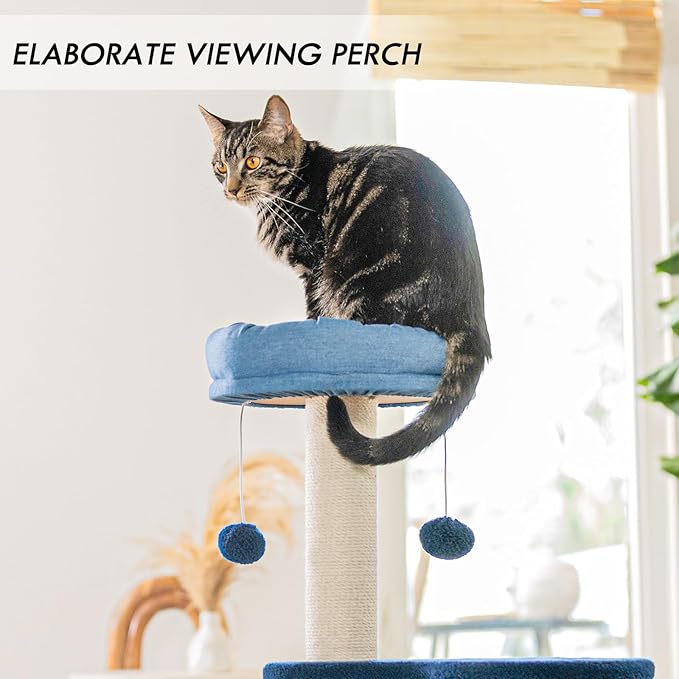 ClevaHome Stylish Cat Tree for for Small Spaces, Kittens, Ultra-Soft Fabric Condo & Cozy Perch, Durable Sisal Scratching Post, and Interactive Hanging Pompom