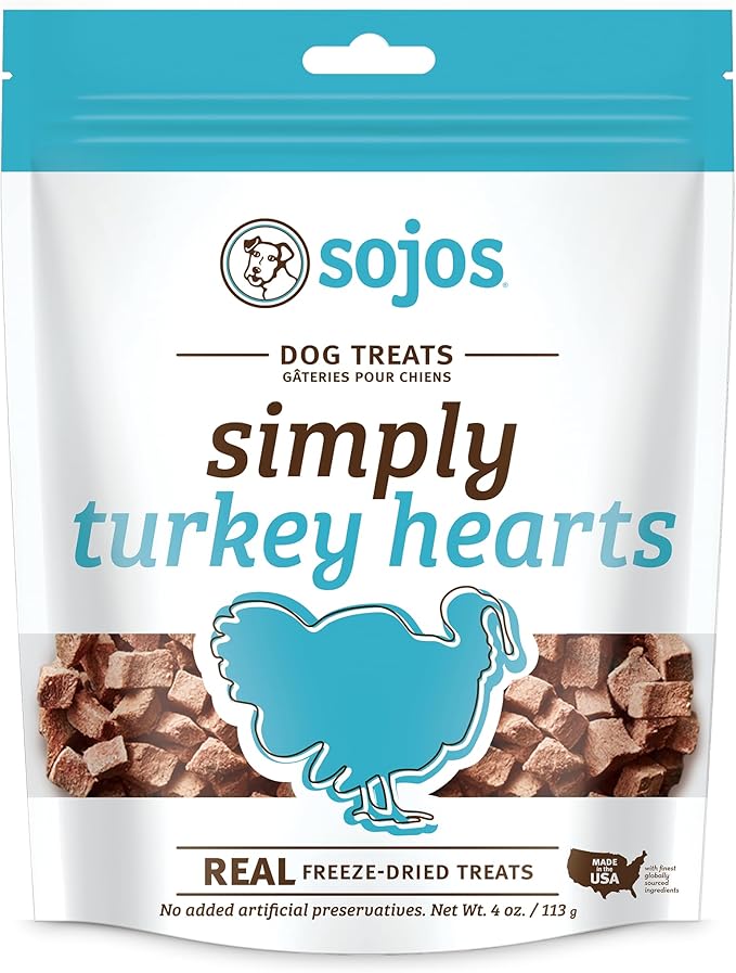 Sojos Simply Freeze Dried Turkey Hearts Dog Treats, Grain Free, Natural, 4 oz Bag