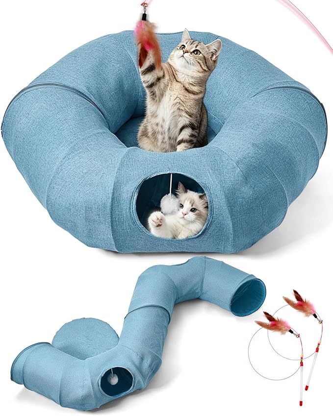 Odoland Linen Cat Tunnels with Central Cat Bed, Interactive Cat Toys Detachable Washable Soft Mat Large Indoor Play Tunnel Cave for Kittens, Cats and Small Animals