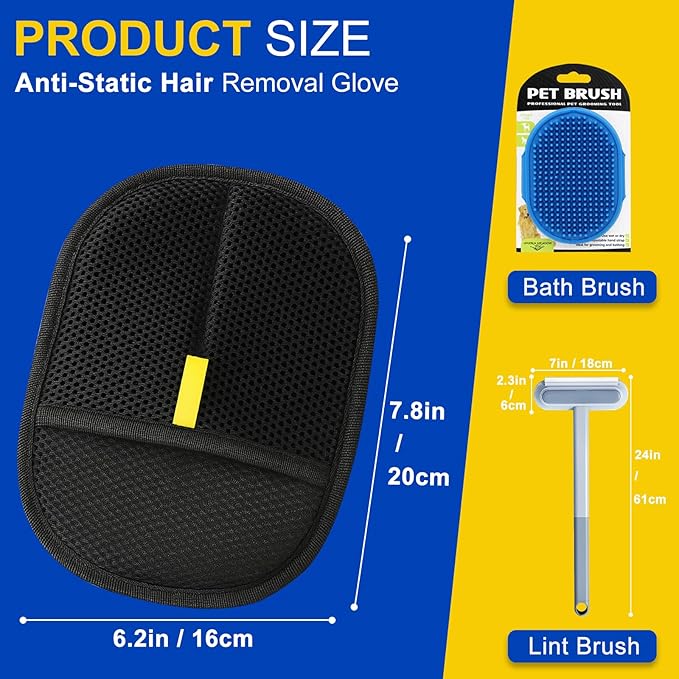 Pet Hair Remover 3-in-1 Kit: 24" 4-in-1 Multifunctional Deshedding Brush, Grooming Glove & Silicone Brush for Effective Dog Cat Hair Removal on Furniture, Car, Window Screen