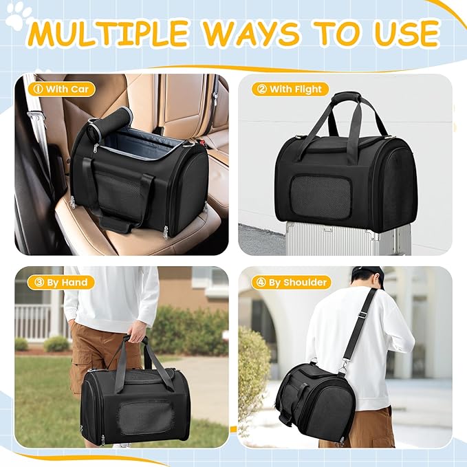 Cat Carrier Soft, Pet Dog Carrier Soft-Sided Airline Approved, Pet Travel Carrier Up to 20lbs, Collapsible Cat Carrier Dog Carrier for Medium Cats Small Dogs, Black