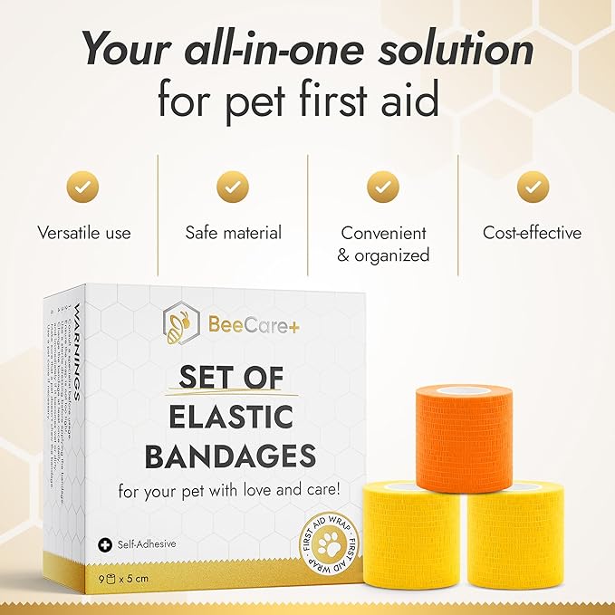 Self-Adhering Elastic Dog Bandages for Wounds – Cat & Dog Bandage Prevents Licking and Scratching – Made from Natural Rubber Latex, the Wrap Sticks to Itself – Set of 9 x 5 cm Rolls