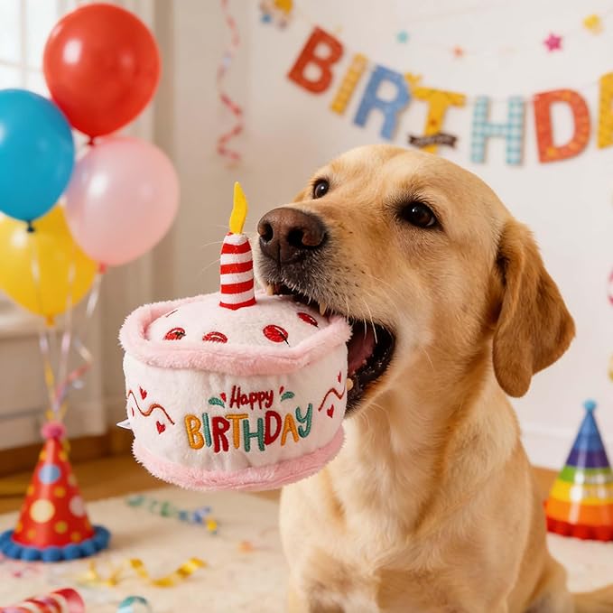 Dog Birthday Toy Pup Cake Puppy Plush Squeak and Crinkle Gift for Small Medium Pet (White)