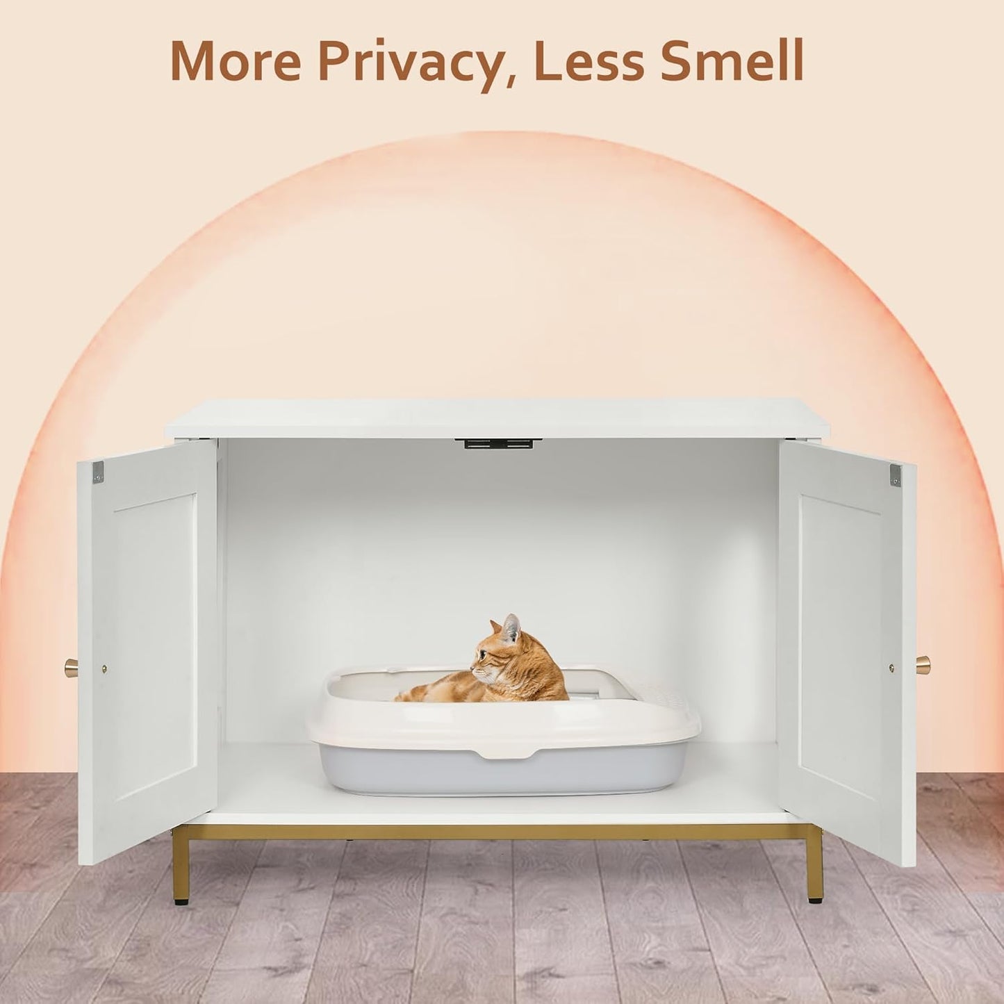 Homhedy Cat Litter Box Enclosure, Cat Washroom Furniture with Metal Frame, Pet House, Fit Most of Litter Box, Modern Style, White and Gold