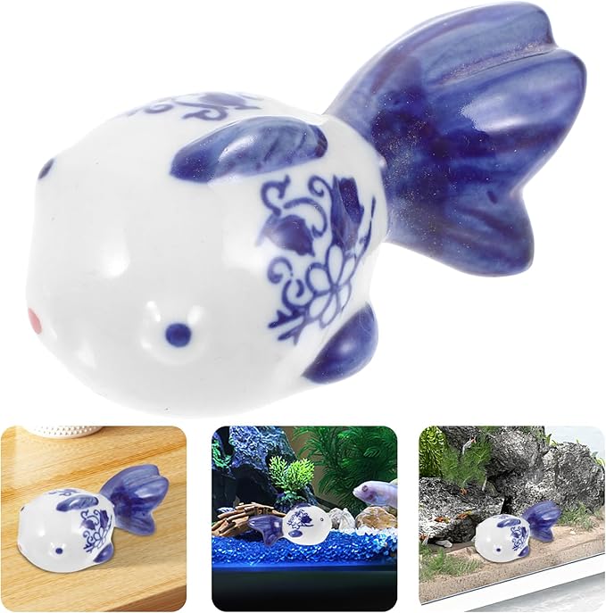 HOMSFOU Ceramic Fish Figurine Floating Ball Fish Tank Float Blue and White Goldfish Statue Porcelain Balls Centerpiece Miniature Underwater Aquatic Animal Figures for Zen Garden Tea Pet