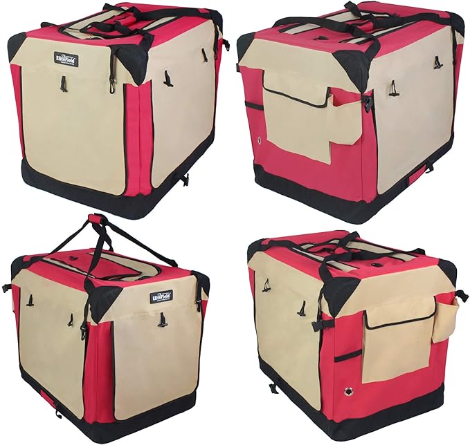 EliteField 4-Door Folding Soft Dog Crate with Curtains, Carrying Bag and Fleece Bed (2 Year Warranty), Indoor & Outdoor Pet Home (30" L x 21" W x 24" H, Red+Beige)