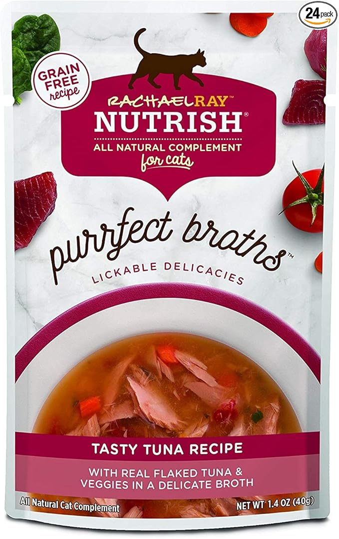Rachael Ray Nutrish Purrfect Broths Wet Cat Food, Tasty Tuna Recipe with Flaked Tuna & Veggies, 1.4 Ounce Pouch (Pack of 24), Grain Free