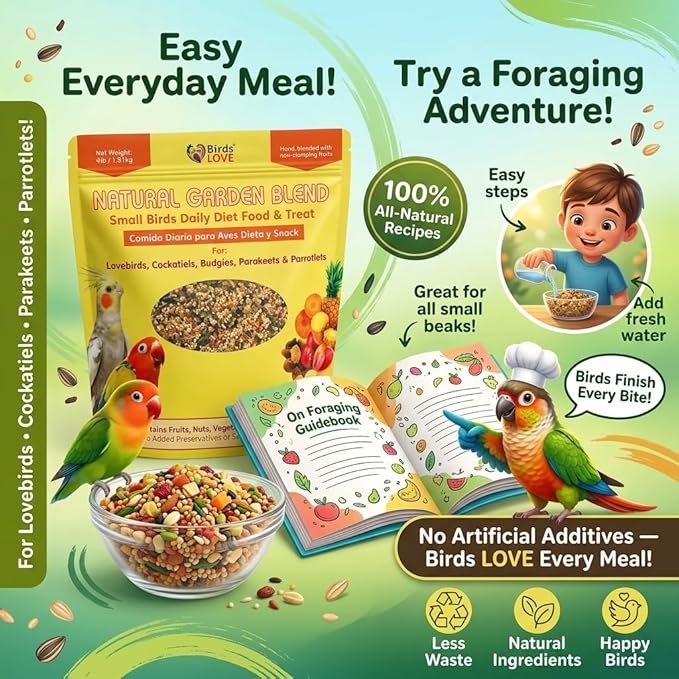 Birds LOVE All Natural Garden Blend Bird Food for Small Birds - Lovebirds, Cockatiels, Parakeets and Parrotlets 4lb