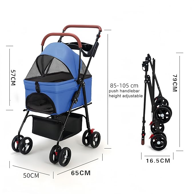 Pet Stroller for Medium Small Dogs/Cats - 4 Wheels Foldable Dog Stroller with Storage Basket,Dog/Cat Carrier,Adjustable Handle,Folding Puppy Carrier Suitable for Traveling with Cats and Dogs (Blue)