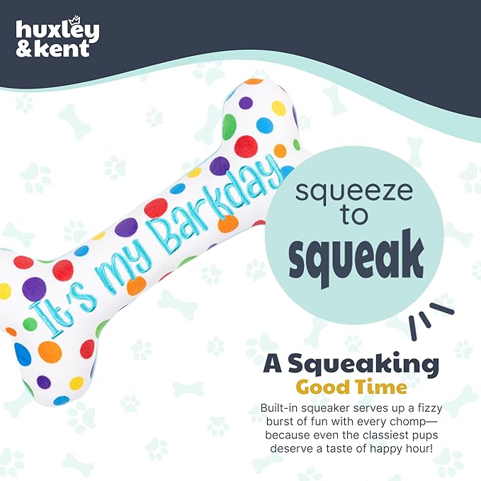 Huxley & Kent Funny Dog Toy w/Squeaker – Power Plush Squeaky Dog Toys for Small, Medium & Large Dogs – Soft Stuffed Animal for Indoor Play & Fetch - It's My Barkday Bone, Large