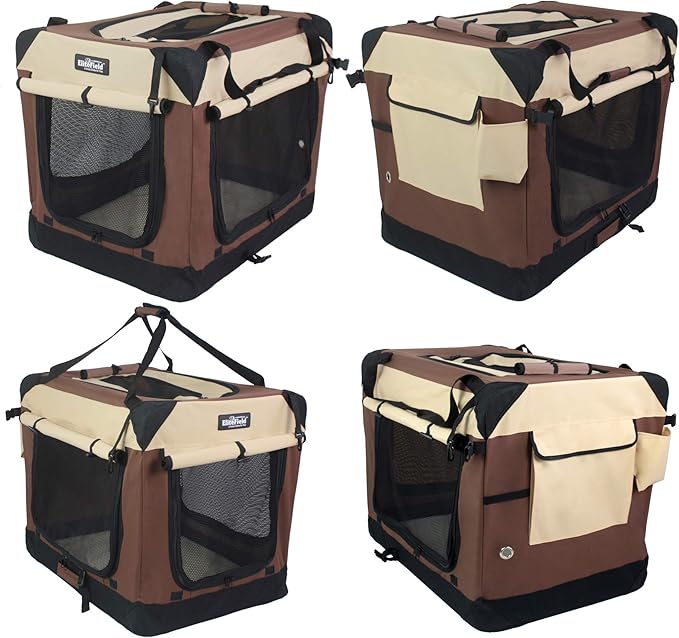 EliteField 4-Door Folding Soft Dog Crate with Curtains, Carrying Bag and Fleece Bed (2 Year Warranty), Indoor & Outdoor Pet Home (20" L x 14" W x 14" H, Brown+Beige)
