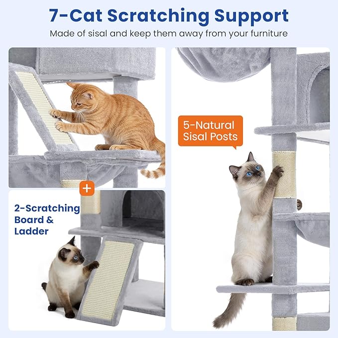 ABCPET Cat Tree 82 in Multi-Level Cat Tower for Indoor Cats, Heavy Duty Large Cat Tree with Sisal Scratching Posts, Hammock, 2 Perches, 2 Condos, 2 Hanging Baskets, Light Grey