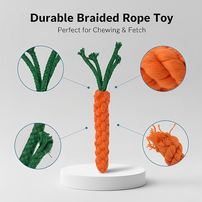 Handmade Braided Carrot Shape Chew Toy, Orange with Green Leaves, Durable Pet Dental Toy (2-Piece Set)