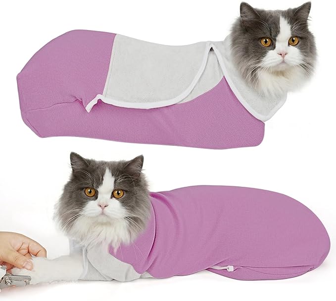 Cat Wrap for Cutting Nails, Self-Adhesive Cat Nail Clipping Restraint Bag, Anti-Scratch Cat Grooming Swaddle for Meds, SubQ Fluids, Ear Cleaning, Teeth Brushing & Vet Visits,Pinkish Purple,L